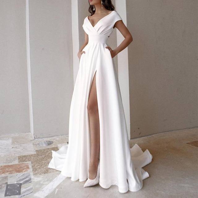 (white, S) Women&apos;s Sexy V-neck Party Evening Dress Wedding Dress