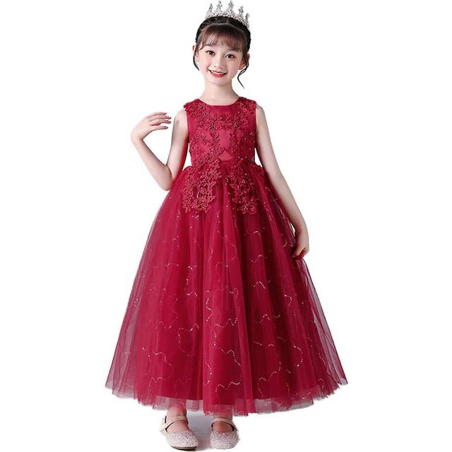 (120, Wine red) Flower Girl Dress For Wedding Kids Lace Pageant Ball Gowns - JXLGV