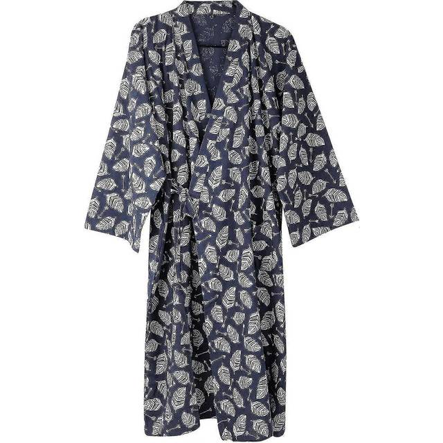 (3XL, Leaf) Men&#39;s Kimono Robes Cotton Dressing Gown Khan Steamed Clothing Bathrobes Long Sleeve Sleepwear Loungewear Nightwear. Navy