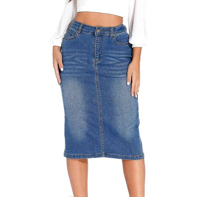 (XL, One size) Women&#39;s Slit Mid Waisted Below Knee Length Casual Stretch Denim Skirt S-2xl