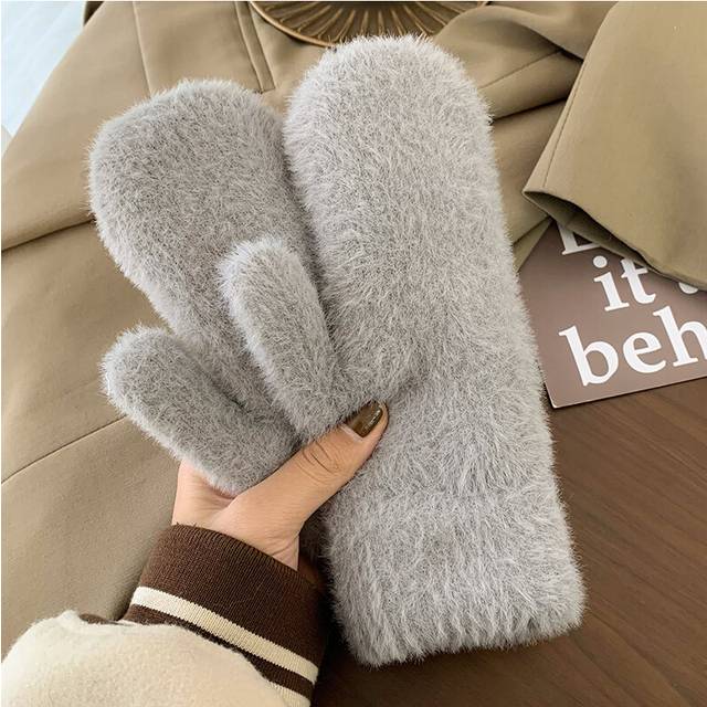 (Gray) Plush Winter Ultrasoft Gloves For Women With Faux Rabbit Fur Warmth