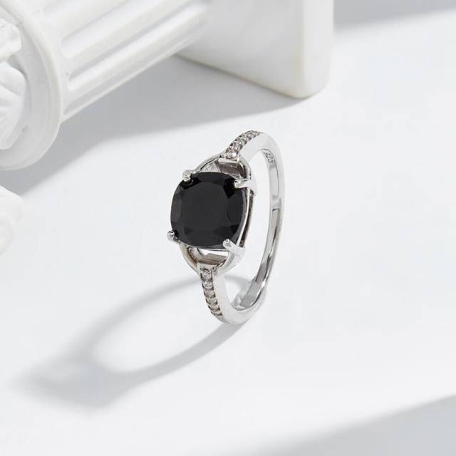 (black, US RING SIZE:9#) Stunning Silver Ring For Women Natural Big Black Spinel Cushion 8mm August Birthstone Classic Jewelry Wedding Dating Gift