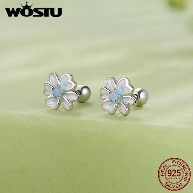 (925 silver) Wostu Real 925 Sterling Silver Blue And Pink Gradual Enamel Flower Stud Earrrings For Girl Jewelry Gift