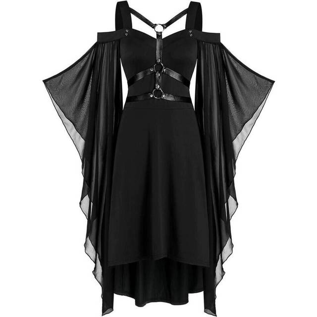 (black, XL) Women Plus Size Cool Solid Gothic  Lace Insert Butterfly Sleeve Dress