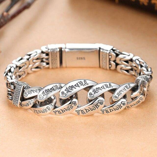 (as the picture, 18cm) New Silver Jewelry Men&apos;s Bracelet Personality Domineering Six-character Mantra Peace Pattern Chinese Style Retro Chain