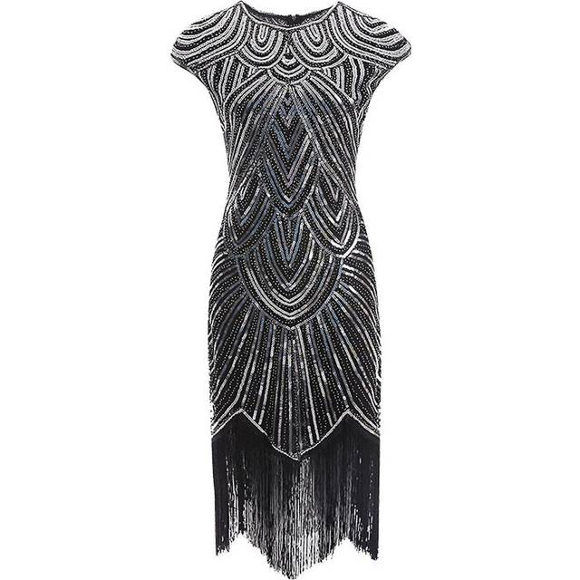 (M, Black-Silver) Womens Retro 1920s Style Dress Sequin, Round Neck, Theme Party Dresses Womens Fancy Dress