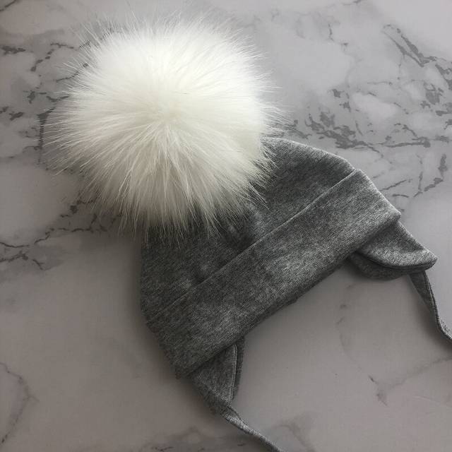 (grey, 0-2 months) Autumn Winter Boy Girl Faux Fur Pompom Cotton Earmuffs Caps For Newborn