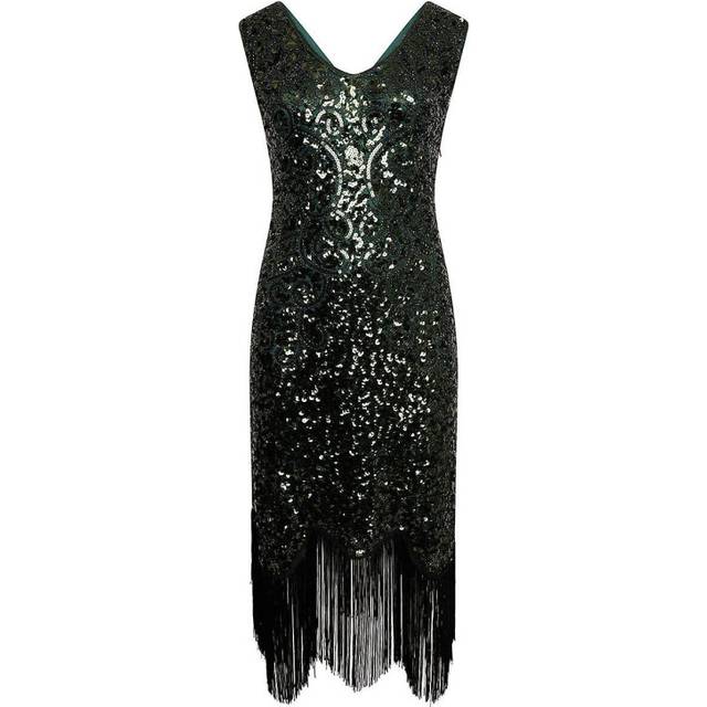 (S, Green) Hot Sale-women&#39;s Vintage Dress Sexy Sleeveless Dress 1920s Sequin Beaded Tassels Party Night Flapper Gown Dress Cocktail Dress
