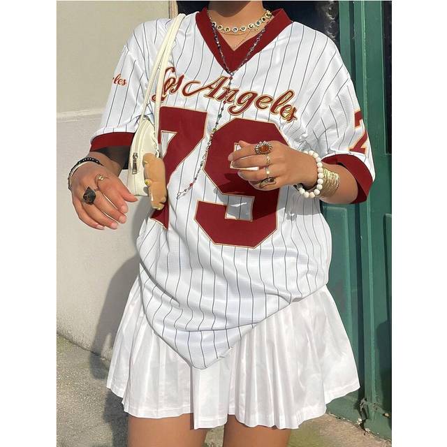 (dcy-101501, S) Women's Los AngelesLetter Print V-Neck Short Sleeve T-Shirt Summer Graphic Tee Baseball Jerseys Oversized Sport T-Shirt