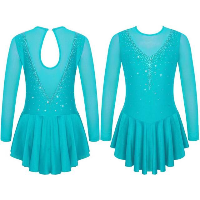 (lake green, 13-14 Years) Kids Girls Stylish Dress Long Sleeve Sparkly Rhinestone Patchwork Style Gymnastics Leotard Dress Dancewear