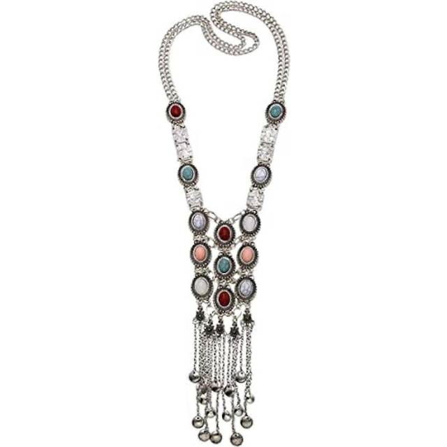 (As show, One size) Vintage Retro Rhinestone Silver Gold Turquoise Long Boho Bohemian Statement Ethnic Tribal Necklace for Women