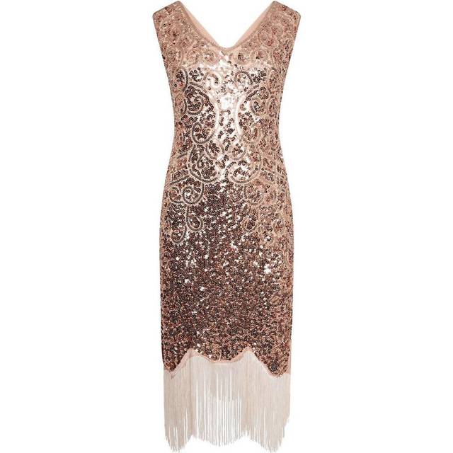 (XXL, Pink) Hot Sale-women&#39;s Vintage Dress Sexy Sleeveless Dress 1920s Sequin Beaded Tassels Party Night Flapper Gown Dress Cocktail Dress