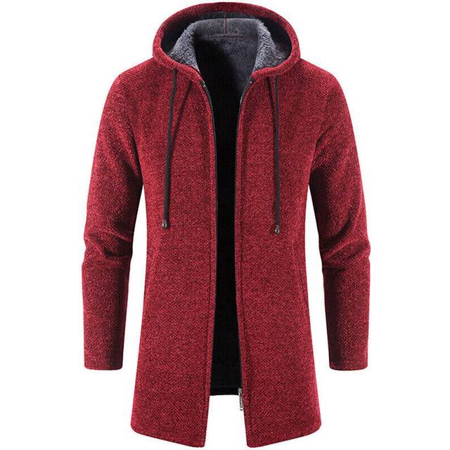 (Red, 2XL = 44) Mens Hooded Fleece Jacket Full Zip Winter Warm Hoodies Cardigan Trench Long Coat