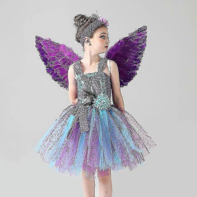 (M 4-5Y, 3pcs) Girls Peacock Feather Dress Catwalk Performance Dress high quality JZ