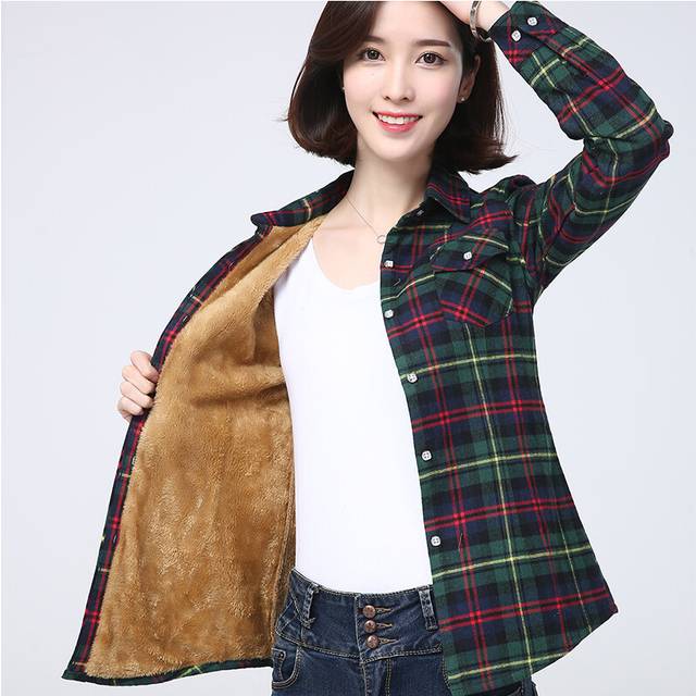 (1, XL) Winter New Women's Warm Plaid Shirt Coat Casual Fleece Velvet Plus Thicke Jacket Tops College Style Woman Clothes Outerwear