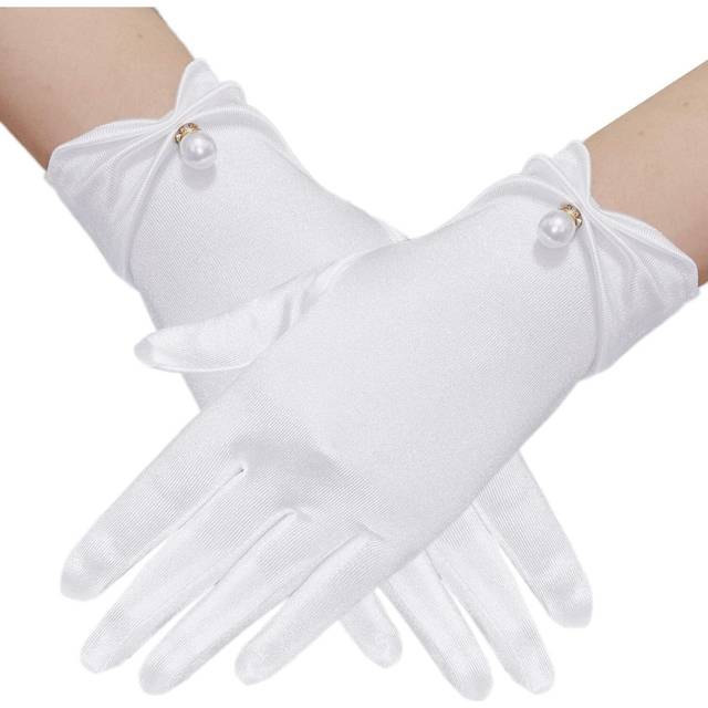 (White-1) Floral Lace Gloves for Bridal Elegant Short Lace Gloves Wrist Lace Gloves for Wedding Opera Dinner Party