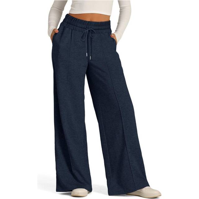 (Navy, 2XL) Women's Solid Color High Waisted Wide Leg Sweatpants Casual Yoga Jogger Pants