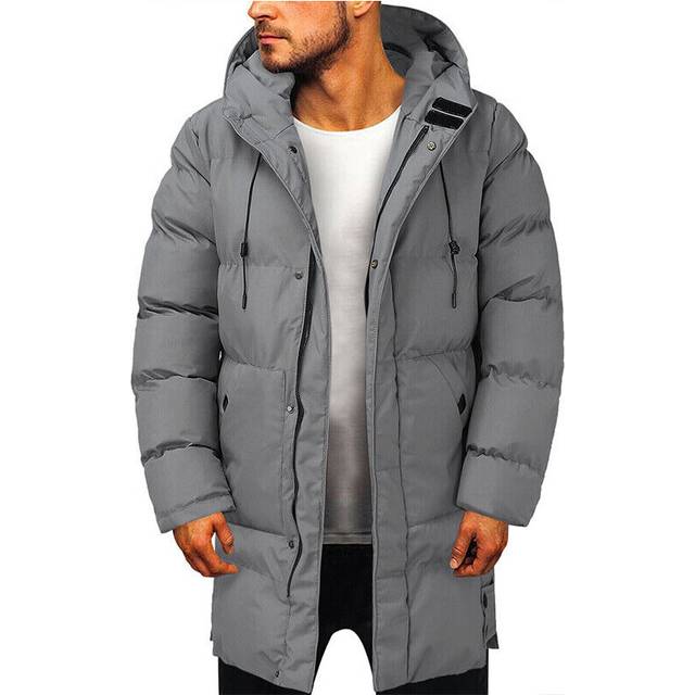 (Grey, UK L = Tag Size 4XL) Mens Winter Hooded Long Jacket Quilted Bubble Coat Padded Puffer Warm Outwear