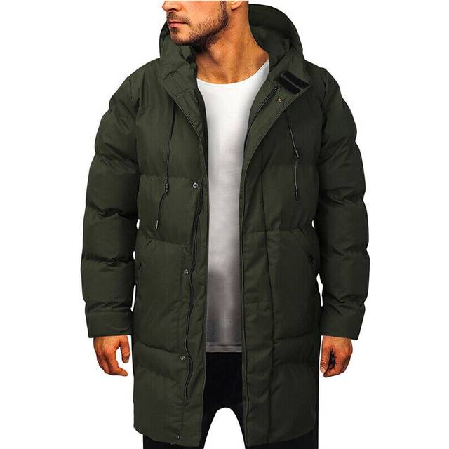 (Green, UK M = Tag Size 3XL) Mens Winter Hooded Long Jacket Quilted Bubble Coat Padded Puffer Warm Outwear