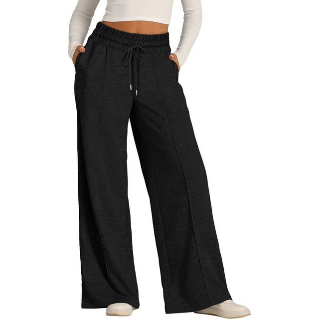 (Black, XL) Women's Solid Color High Waisted Wide Leg Sweatpants Casual Yoga Jogger Pants