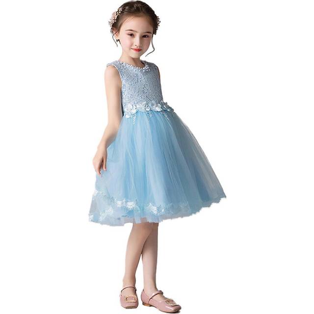 (170, Blue) Lace Flower Girl Dress Bridesmaid Tulle Princess Dress for Wedding, Party, Pageant in Multiple Colors