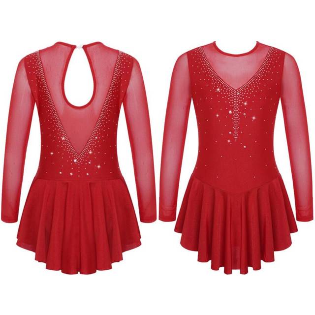 (burgundy, 5-6 Years) Kids Girls Stylish Dress Long Sleeve Sparkly Rhinestone Patchwork Style Gymnastics Leotard Dress Dancewear