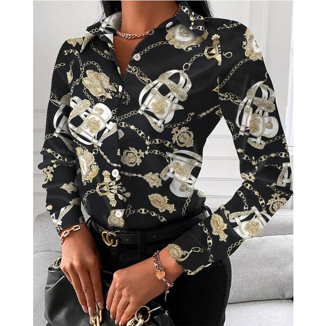 (29, XXXL) Women casual office printed shirt spring and autumn fashionable button up long sleeved shirt elegant splicing slim fit top women