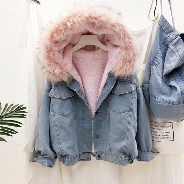 (pink, M) velvet thick denim jacket female winter big faux fur collar Korea denim coat female student short coat