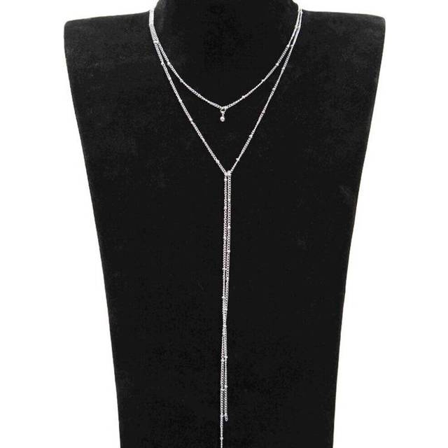 (silver) Accessories, Fashionable Double-layer Long Retro Collarbone Necklace, Double-layer Simple Fringed Bead Chain Necklace.
