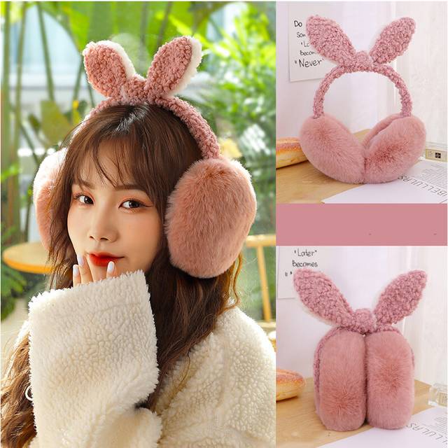 (C-Rubber powder) Cartoon Bunny Ear Earmuffs Winter Warm Women Decoration Accessories Fashion