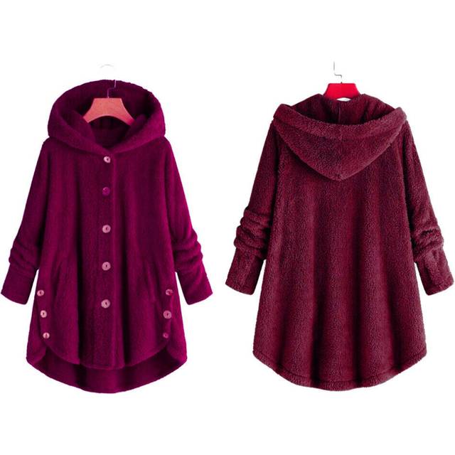 (Wine Red, 5XL) Womens Warm Fleece Teddy Bear Hooded Coat Winter Hoodie Jacket Outwear Overcoat