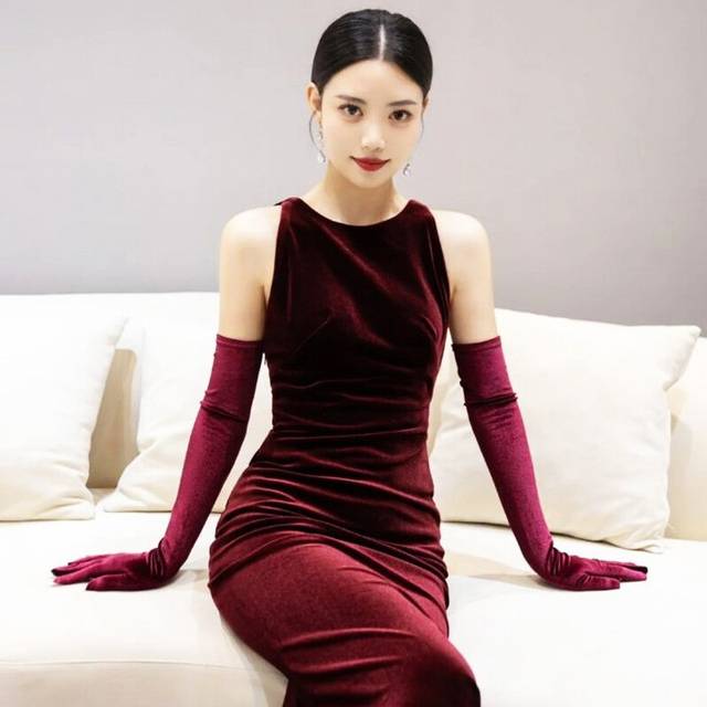 (55cm, red velvet) Red Velvet Long Gloves Autumn Winter Dinner Dress Women's Gloves Black