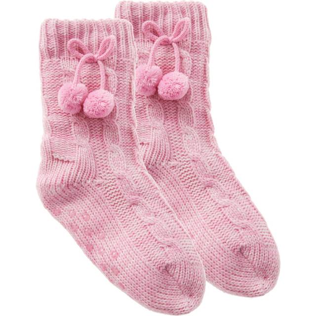 (Pink - 1 Pair, UK 12.5-3.5 (EUR 31-36)) Kids Girls Knitted Chunky Winter Socks With Grippers Sherpa Lining Pom Poms Size Uk 12-3.5 Up To 4-6