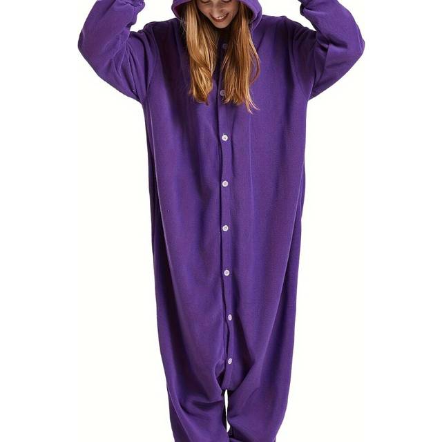 (Deep Purple, M) Adult Unisex Purple Dinosaur Onesie Pajamas, Button Closure, Cozy Homewear