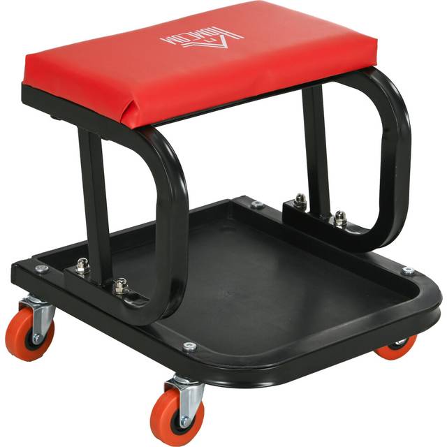 HOMCOM Workshop Stool - Rolling Mechanic Stool with 360 Degree Swivel - Red | TJ Hughes