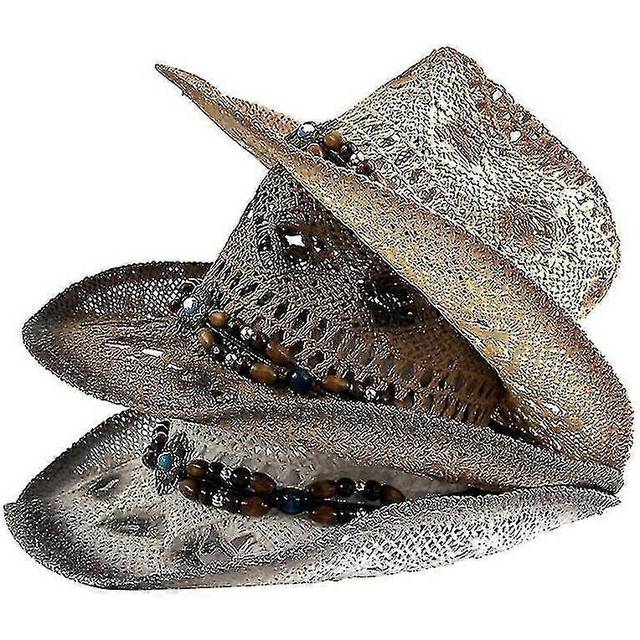 (white, One size) Men & Women&#39;s Woven Straw Cowboy Cowgirl Hat Wide Brim Cowboy-straw-hat Band