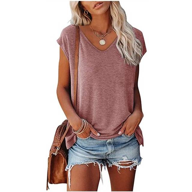 (Pink, XL) Womens Casual Plain T-Shirt Loose Short Sleeve