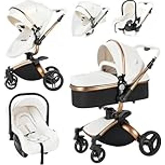 Standardvagnar Barnvagn 3-i-1 trehjuling baby Walker hög landskap barnvagn hopfällbar barnvagn babyvagn babyvagn för baby 0-36 (Vit)