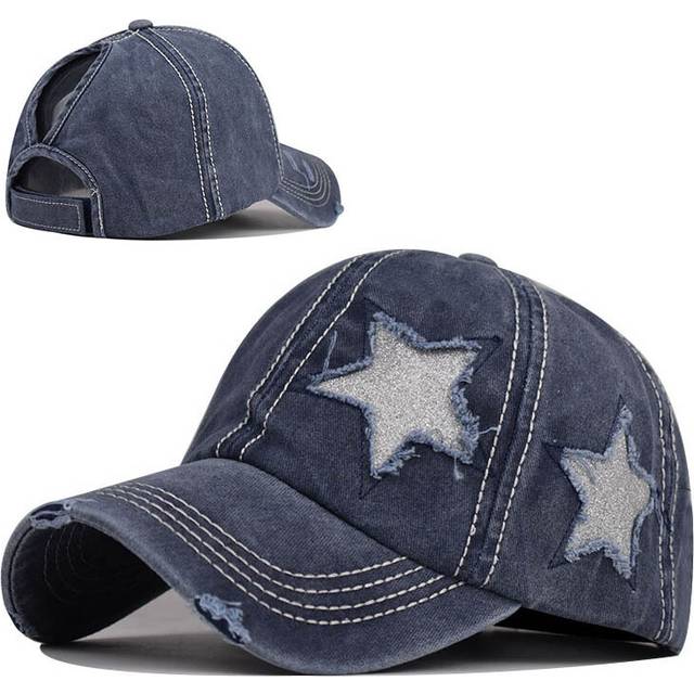 (Navy) Duck Tongue Cap Pure Cotton Washed Ponytail Holes Five Pointed Star Baseball Cap
