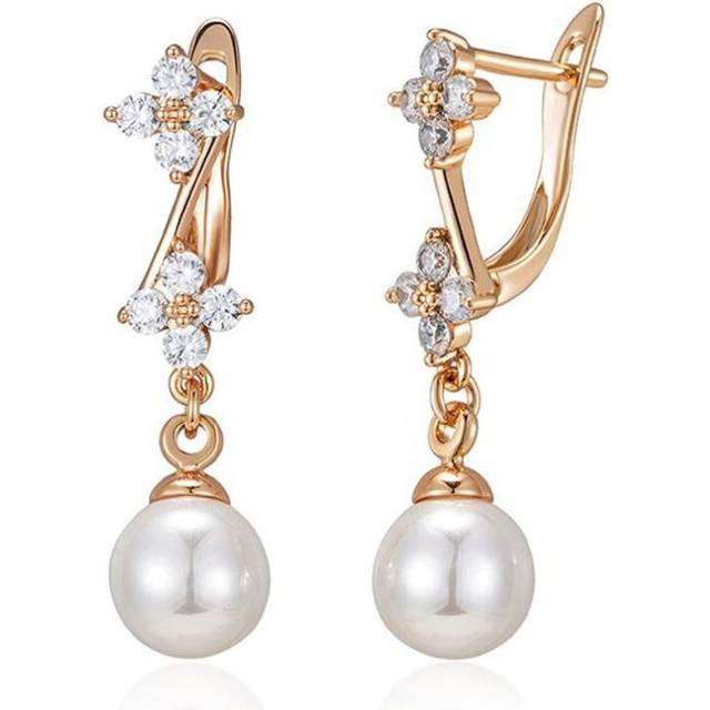 Kinel Shiny Zircon Pearl Long Dangle Earrings For Women Rose Gold Color Fine Jewelry Gift
