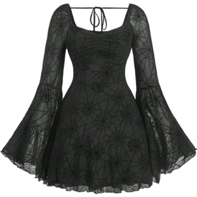 SHEIN Oversize Spider Web Flare Sleeve Long Sleeve Dress, Dark Gothic Dress, Plus Size Autumn/Winter