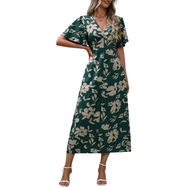 SHEIN Women V-Neck Short Sleeve Allover Print Slit Elegant Graceful Midi Dress Maxi Women Outfit