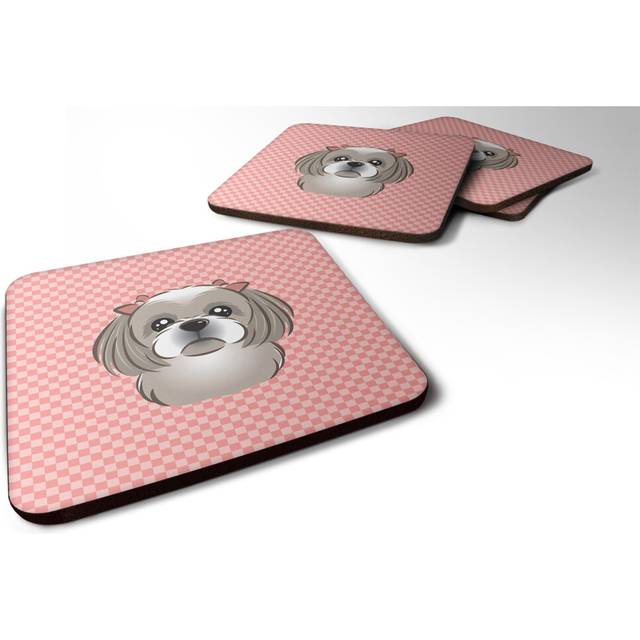 """""Caroline's Treasures BB1250FC Checkerboard Pink Gray Silver Shih Tzu Foam Coaster (Set of 4)  3.5"""""""" H x 3.5"""""""" W  Multicolor"""""