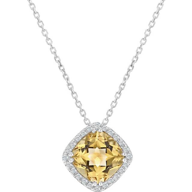 Jewelco London 9ct White Gold Round 5pts Diamond Cushion 1.39ct Citrine Cocktail Pendant Necklace 16 inch 42cm - DP1AXL681WCT - Yellow
