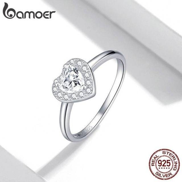 (7) Bamoer 925 Sterling Silver Bright Love Ring Dazzling Shiny Heart Shape Crystal Finger Ring Wedding Engagement Jewelry
