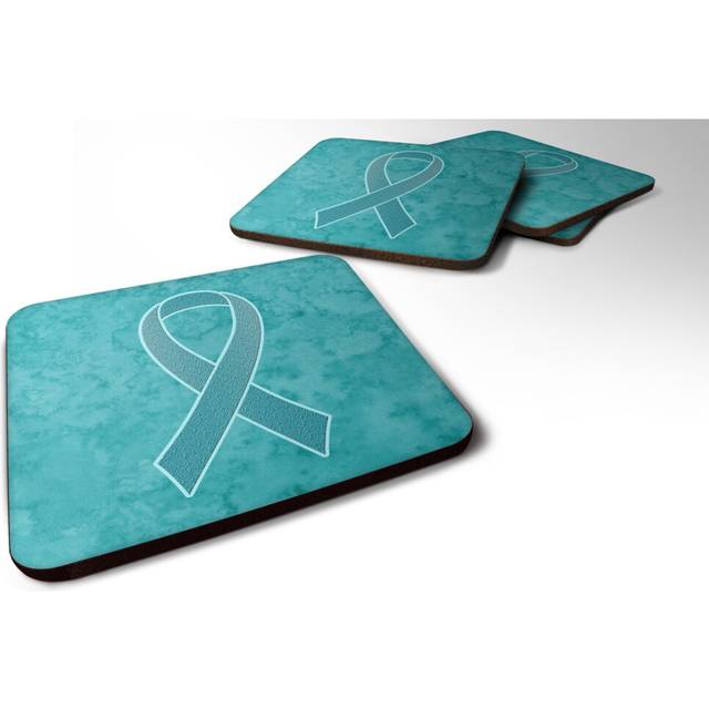 """""Caroline's Treasures AN1201FC Teal Ribbon for Ovarian Cancer Awareness Foam Coaster (Set of 4)  3.5"""""""" H x 3.5"""""""" W  Multicolor"""""