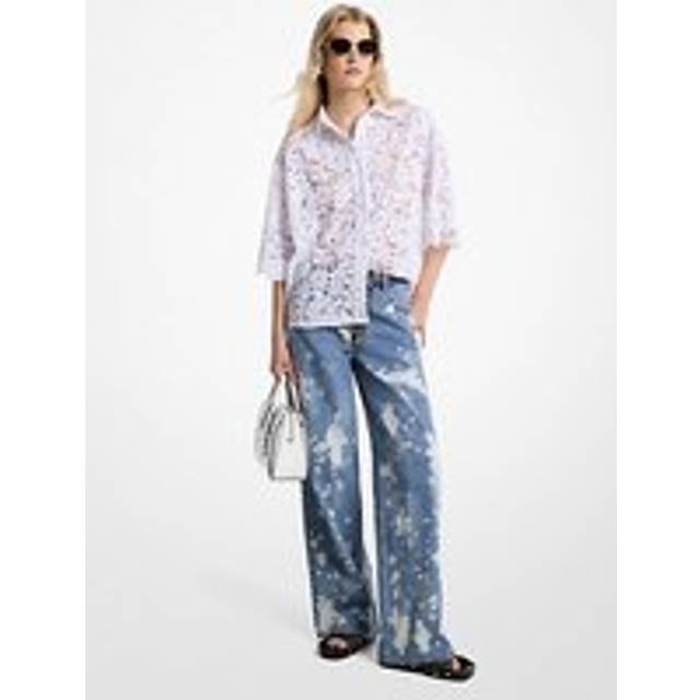 MK Hand-Splattered Bleach Denim Wide-Leg Jean - Blue - Michael Kors - UK 4
