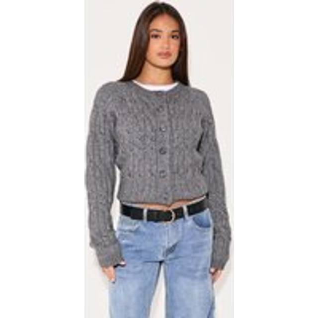 Charcoal Cable Knit Button Up Cardigan, Grey - S