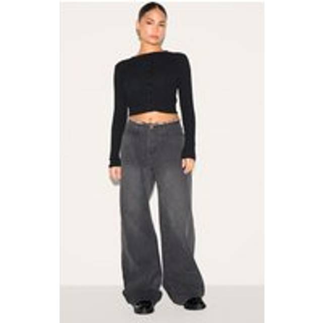 Petite Black Fray Waist Low Rise Straight Leg Jeans, Black - 6