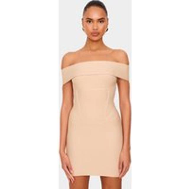 Beige Bandage Corset Detail Off The Shoulder Mini Dress, Camel - 12